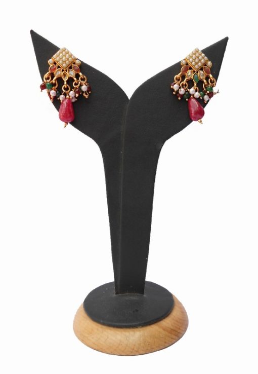 Buy Online Fashionable Pearl Polki Earrings in White, Red and Green Stones-0