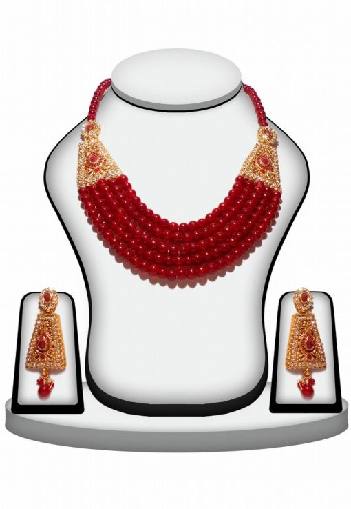 Gorgeous 5 Layer Designer Polki Necklace Set in Red and White Stones-0