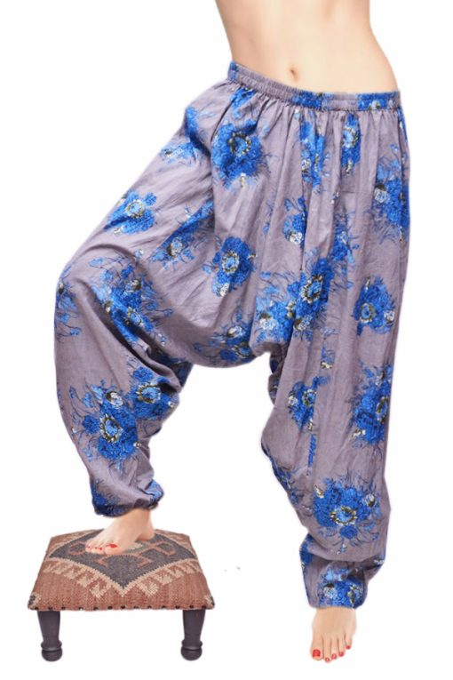 Designer Cotton Gray Long Trousers With Handmade Blue Flowery Print-0