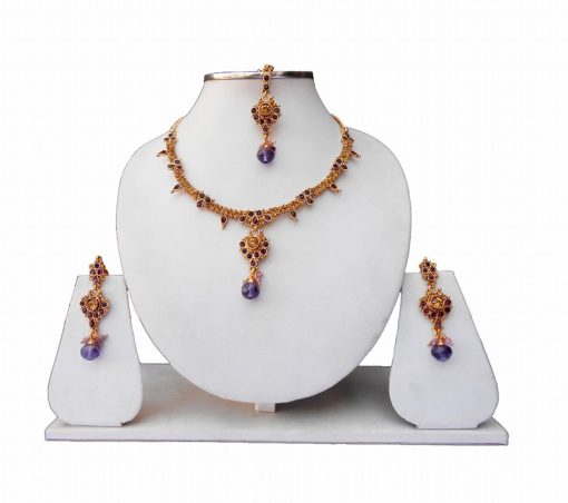 Traditional Indian Fashion Necklace Set with Earrings and Maang Tika-0