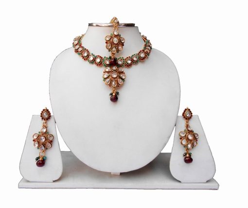 Buy Online Designer Indian Kundan Necklace Set with Earrings and Tika-0