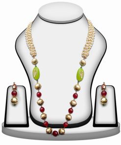 Elegant Red and White Kundan Work Beads Necklace Set With Earrings for Wedding-0