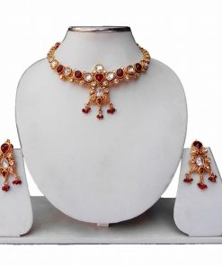 Buy Online Kundan Necklace Set with Pretty Earrings in Green Stone-0