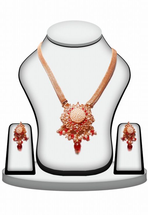 Latest Design Polki Pendant and Earrings Set in Red and White Stone-0