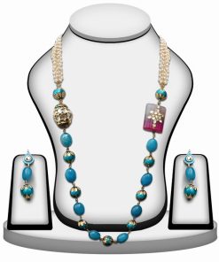Sky Blue Necklace Jewelry Set From India with Kundan Work on Stones-0
