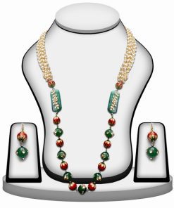 Buy Cute Red and Green Necklace Jewelry Set From India with Stone Beads-0