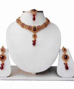 Fashionable Semi Precious Stone Necklace Set with Earrings and Maang Tika-0