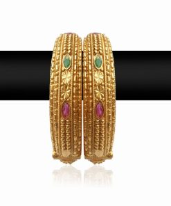 Party Wear Golden Bangles with Red and Green Stones for Women-0