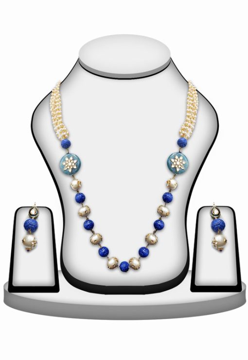 Gorgeous Party Wear Necklace Set with Earrings in Blue Stones with Kundan Work-0