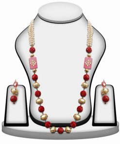 Party Wear Necklace Set with Earrings in Red, White and Pink Stones with Kundan Work-0
