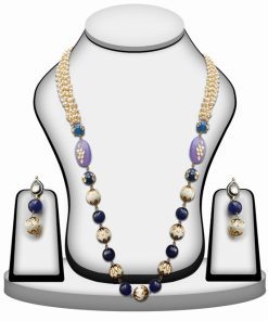 Necklace Set in Blue and White Stones and Beads with Kundan Work with Earrings-0