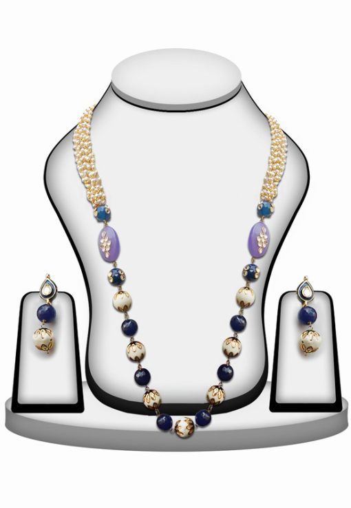 Necklace Set in Blue and White Stones and Beads with Kundan Work with Earrings-0