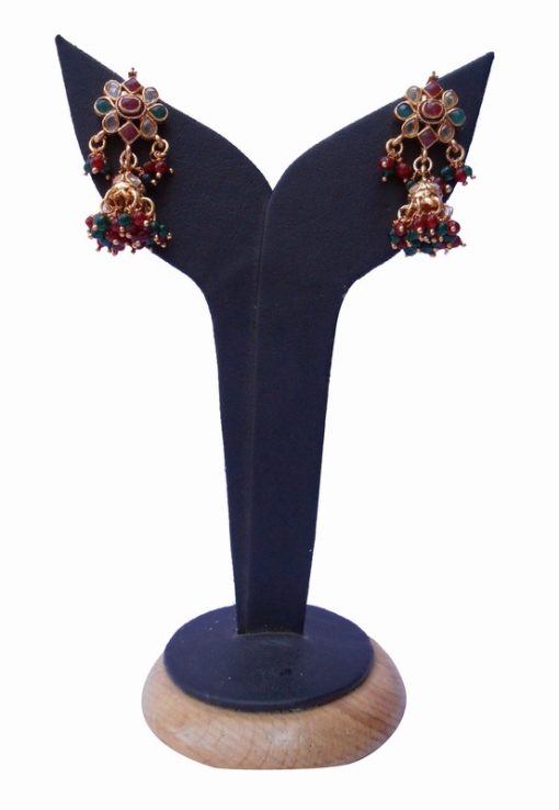 Gorgeous Designer Polki Jhumka Earrings in Red, Green and White Stones-0