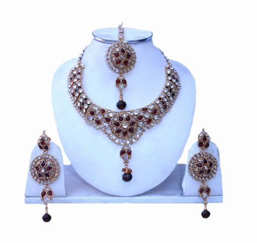 Designer Bridal Indian Polki Necklace Set With Stylish Earrings and Tika-0