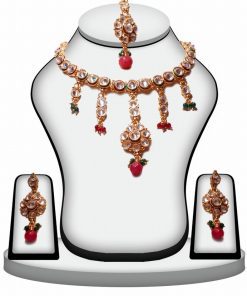 Maharani Style Red and White Polki Pendant and Earrings Set-0
