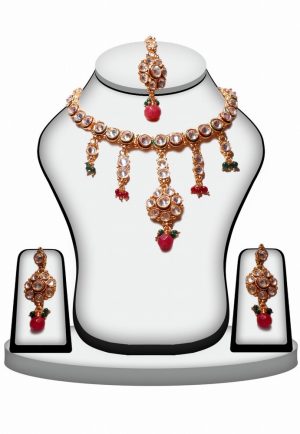 Maharani Style Red and White Polki Pendant and Earrings Set-0