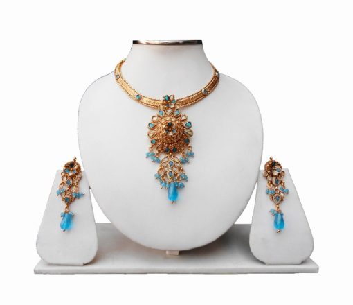 Shop Online Turquoise Stones Polki Pendant Set With Earrings-0