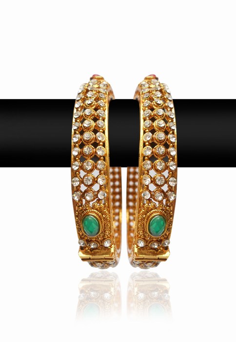 Posh Golden Bangles for Women with Red, White and Green Stones-0