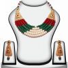 Red, Green and White Traditional Polki Necklace Set with Earrings -0