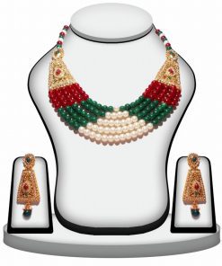 Red, Green and White Traditional Polki Necklace Set with Earrings -0