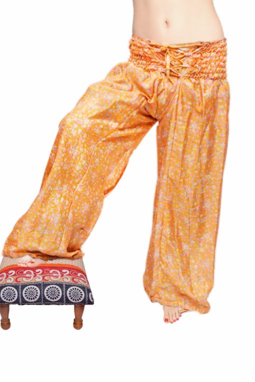 Stylish Aladdin Pants with Glossy Mustard Yellow and White Mixed Pattern-0