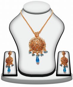 Turquoise Designer Polki Necklace and Earrings Set from India-0