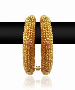Designer Pair of Red and Green Stone Wedding Bangles from India-0