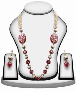 Red and White Stone Wedding Necklace Set With and Earrings with Kundan Work-0