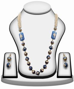 Posh Wedding Necklace Set with Earrings in Dark Blue Beads with Kundan Work-0