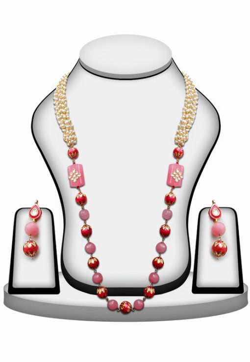 Buy Online Red and Pink Stone Wedding Necklace Set With and Earrings-0
