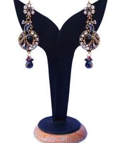 Beautiful Designer Peacock Earrings in Black Stones and Beads-0