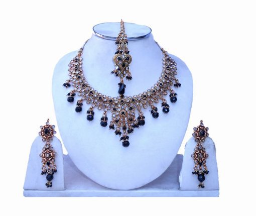Shop online Beautiful Polki Necklace Set from India with Earrings and Tika-0