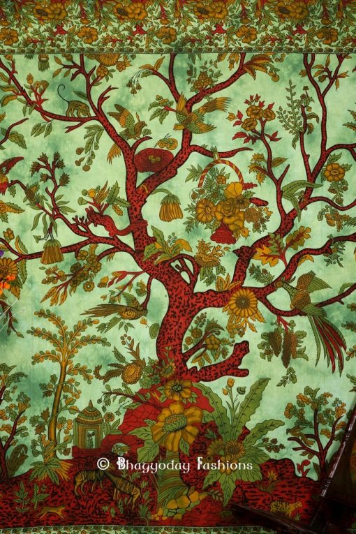 Intricate Tree of Life Indian Print Tapestry in Green and Red Print for Beach Outings-0