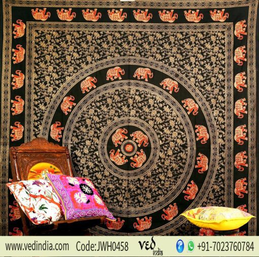 Black Golden Psychedelic Mandala Elephant Beach Tapestry Bedspread-0