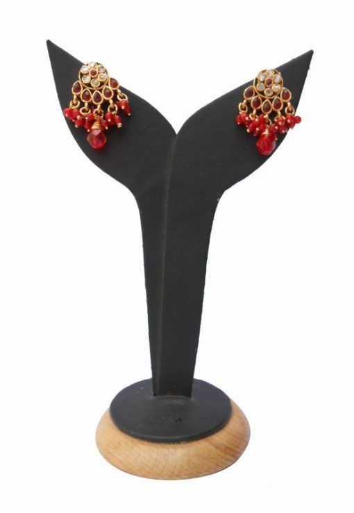 Classic Fashion Earring in Polki Red Stone and Beads from India-0