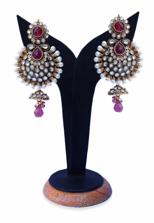 Designer Earrings for Women in Red Stones with Antique Polish-0