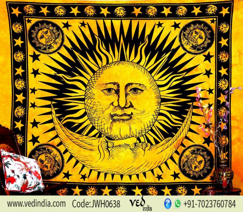 Divine Yellow Sun Moon Cotton Tapestry Wall Hanging Bedspread-0