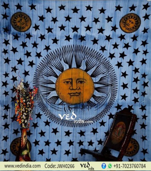 Dull Blue Sun and Moon Stars Tapestry