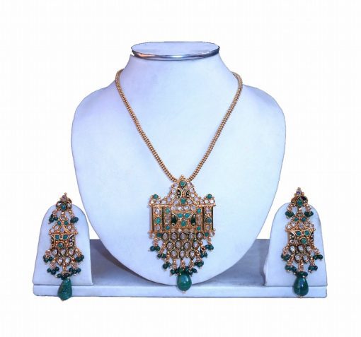 Elegant Polki Pendant Set with Earrings from India in Antique Polish-0
