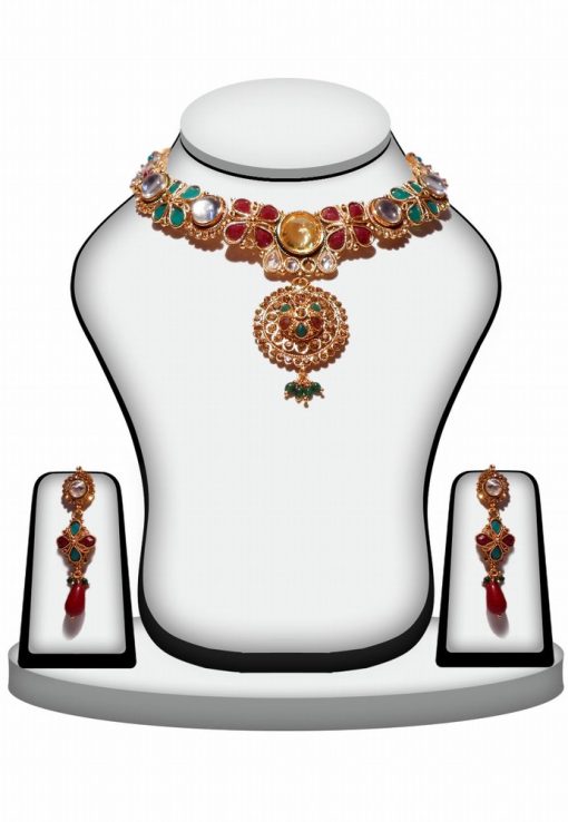 Elegant Red and Green Polki Jewelry Set with Designer Earrings-0
