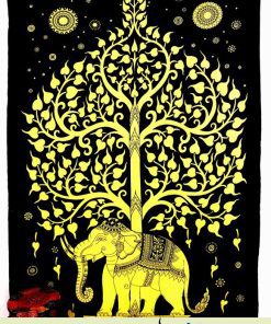 Popular Indian Elephant Tree Temp Tapestry in Yellow Wall Hanging for Living Room-0