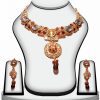 Exquisite Polki Pendant Set With Earrings in Red and White Stones-0