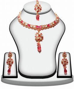 Fashion Polki Pendant Set in Pink and White Stones with Earrings and Tikka -0