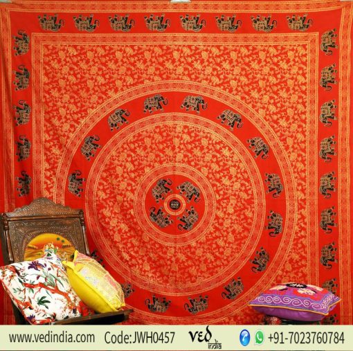 Golden and Red Elephant Tapestry Round Boho Design Bedspread-0