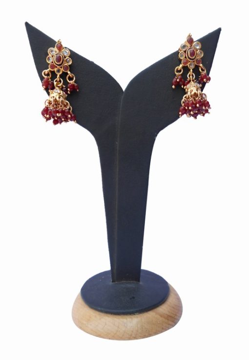 Gorgeous Jhumka Style Designer Earrings from India in Red and White Stone-0