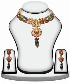 Gorgeous Polki Jaipur Jewelry Set with Earrings in Red, Green and White-0