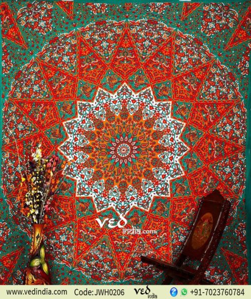 Green and Orange Star Mandala Tapestry