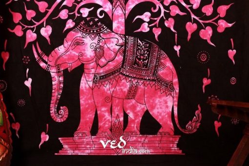 Elephant and Tree Tapestry in Black and Pink