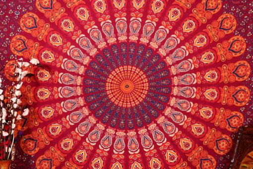 Mandala Peacock Psychedelic Indian Tapestry Bedspread in Maroon -3831