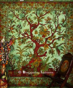 Intricate Tree of Life Indian Print Tapestry in Green and Red Print for Beach Outings-1200